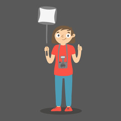 Cartoon photographer with softbox and thumb up. Vector woman with camera and lightbox.