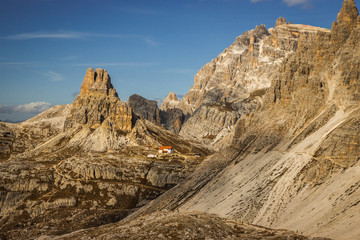 Autumn in Dolomites in Italy, Alpe di Siusi, Tre Cime.