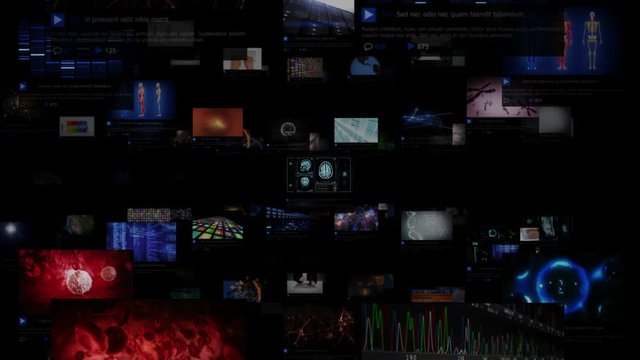Video Wall. Journey through video screens showing medical themed videos. Loopable.  All videos in this animation are available in my portfolio. 