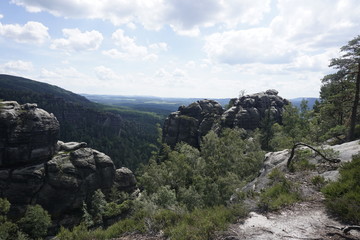 Fototapeta na wymiar Impressive sandstone rocks on top of the Ruaschengrund, Saxon Switzerland