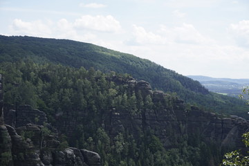 Fototapeta na wymiar Beautiful sandstone rock formations in front of forest in Saxon Switzerland