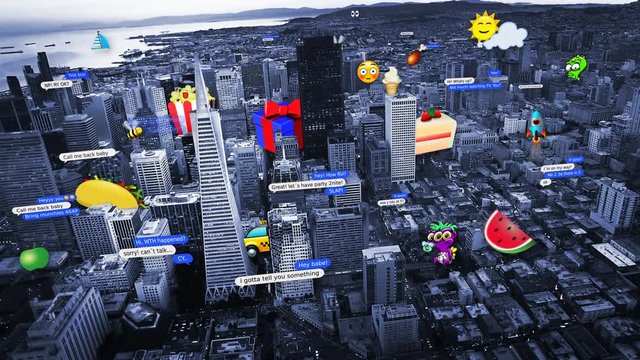 Aerial view of San Francisco with several text messages and emojis. All emojis and texts created and designed by us. SF aerial footage and aliens animations already in my portfolio.
