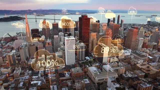 Cloud computing icons with percentages and network connections. Aerial smart city. Technology concept, data communication, artificial intelligence, internet of things. San Francisco skyline.