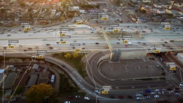 Connected driverless or autonomous car aerial view. Lore ipsum texts. Blurred, fake driver and car information displaying. Future transportation. Internet of things. Artificial intelligence.