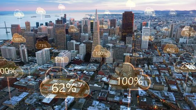 Aerial smart city. Network connections and cloud computing icons with percentages. Technology concept, data communication, artificial intelligence, internet of things. San Francisco skyline.