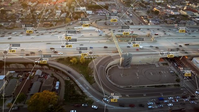 Connected driverless or autonomous cars. Aerial view. Blurred, fake driver and car information displaying. Lore ipsum texts. Future transportation. Internet of things. Artificial intelligence.