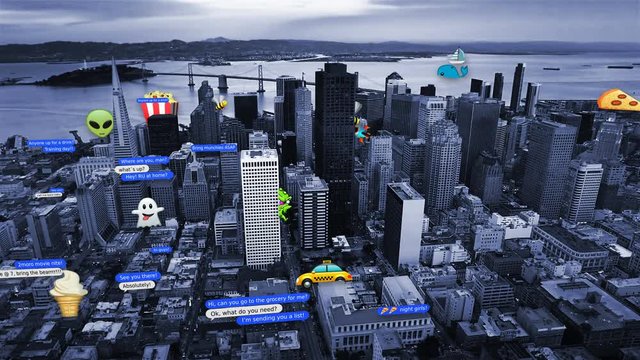 Aerial view of San Francisco with several text messages and emojis. All emojis and texts created and designed by us. SF aerial footage and aliens animations already in my portfolio.