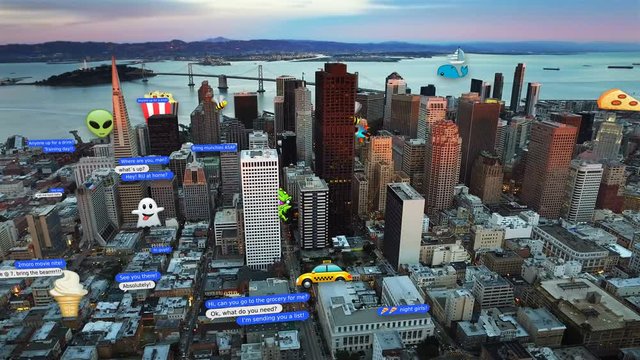 Aerial view of San Francisco with several text messages and emojis. All emojis and texts created and designed by us. SF aerial footage and aliens animations already in my portfolio.