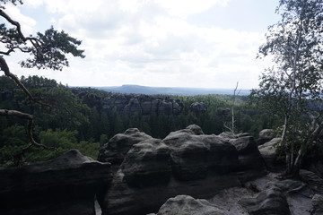 Dangerous looking canyon with sandstone rock formations in Saxon Switzerland