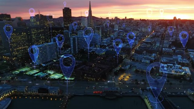 Aerial smart city. Localization icons in a connected futuristic city. Technology concept, data communication, artificial intelligence, internet of things. San Francisco skyline.