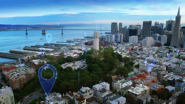 Aerial smart city. Localization icons in a connected futuristic city. Technology concept, data communication, artificial intelligence, internet of things. San Francisco skyline.