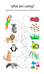 What do animals eat? Find the right way. Educational game for children. maze,labyrinth game for preschool education. parrot, koala, lion, penguin, kangaroo, anteater