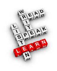Basic language skills. Read, Write, Speak, Listen. 3D cubes crossword puzzle on white background. - 317339941