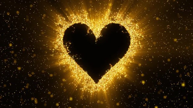 Golden shining heart shaped glitter background. St. Valentines Day love animation. Blurry bokeh defocused sparkles. Vivid colored glowing particles. Romantic lovely logo copy space. alpha copyspace 4k