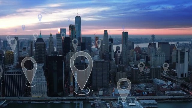 Aerial smart city. Localization icons in a connected futuristic city.  Technology concept, data communication, artificial intelligence, internet of things. New York City skyline.
