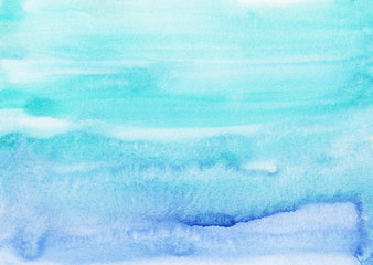 Watercolor light cyan blue background painting. Watercolour bright sky blue stains on paper. Watery texture.