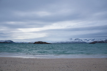 beautiful view over sand beach. Sommaroy, Norway . Polar night. long shutter speed
