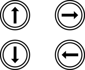  set vector arrow  inside circle   right down left up for apps and website graphic up, right, down, left—each inside a double-lined circle, arranged IN white background. Simple graphic style.