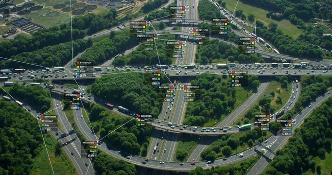 Surveillance system. Aerial view of traffic on a major highway. Connected network. Identity and speed Control System. Future transportation. Artificial intelligence. Computer vision.