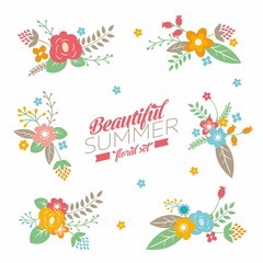 Fototapeta na wymiar Collection with cute summer bouquet and typography. Set of retro flowers, branches and leaves.