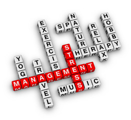 Stress Management Word Cloud. 3D cubes crossword puzzle on white background.