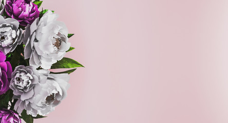 Pastel pink floral background with white and purple peonies on side. Women's Day background. Floral background concept. Spring time concept. Invitation, greeting card. Mockup. 3d rendering