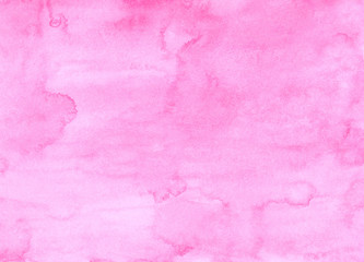 Watercolor light fuchsia background painting. Watercolour pastel pink liquid backdrop. Stains on paper.