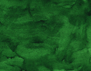 Watercolor green background texture. Watercolour abstract deep spruce backdrop. Stains on paper.