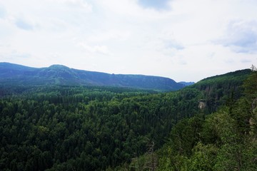 Fototapeta na wymiar Panoramic view from the Kanzel to the Affensteine and Schrammsteine mountains