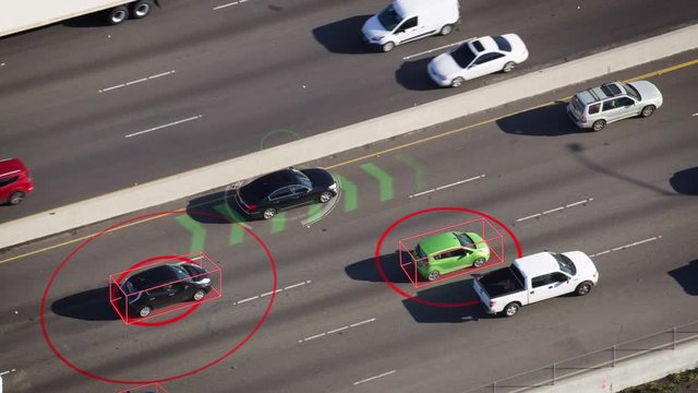 Aerial view of self driving cars in a highway. Perfect to illustrate concepts as: autonomous transportation, big data, traffic control, futuristic cities. Artificial intelligence. Boxes.