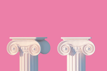 White ancient column pedestal isolated pink museum piece background, Greek pillar platform, 3d rendering - obrazy, fototapety, plakaty