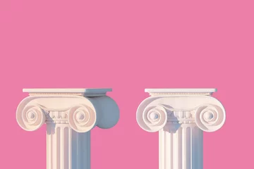 Deurstickers White ancient column pedestal isolated pink museum piece background, Greek pillar platform, 3d rendering © vpanteon