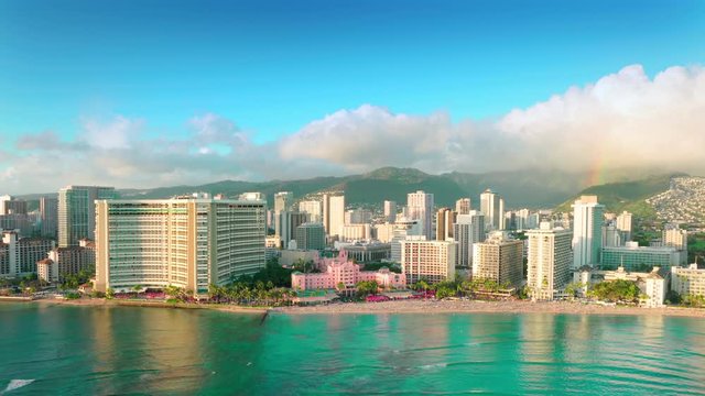 Aerial view of the famous Waikiki beach in Honolulu, Oahu, Hawaii. Unites States. Magnificent tropical beaches and luxury hotels throughout the shoreline. Tourism. Vacation.
