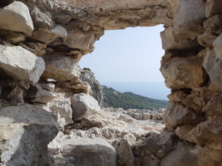 View from ruins of a church in Monolithos castle, Rhodes island, Greece.Rhodes Dodecanese Greece, Europe travel.Amazing view point. Travelling concept. Trip to Europe