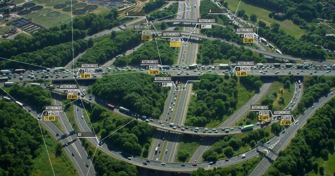 Internet of things. Self or autonomous driving. Cars connected to a network. Blurred data of cars and drivers. Speed check. Future transportation. Artificial intelligence. Shot on Red Weapon 8K.