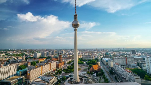 Time lapse of Berlin Cityscape with TV Tower, Fernsehturm Berlin. Germany, Europe. Cloudy sky.