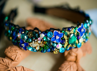 Handmade spring diadem embroidered with beads and crystals