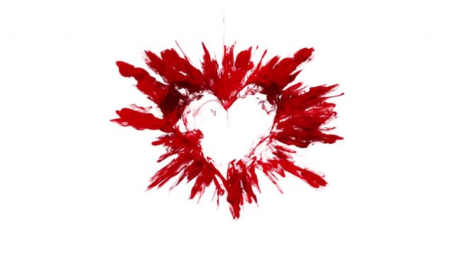Valentine's Day red color burst forming a heart shaped hole. Vivid colored smoke powder explosion. Romantic colorful lovely ink logo and copy space. Isolated on white alpha copyspace