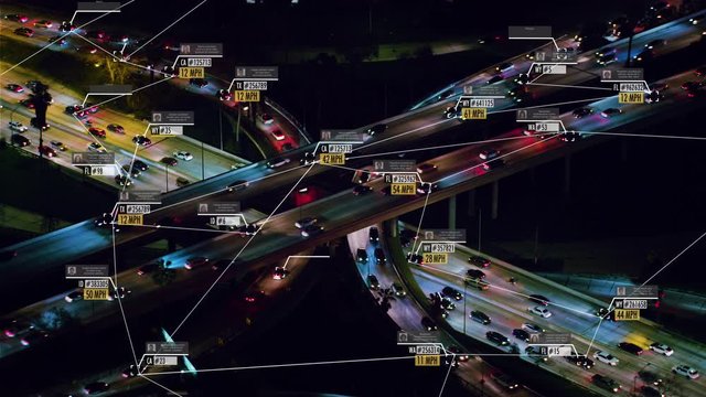 Surveillance system. Aerial view of traffic on a major highway. Connected network. Identity, ID number and speed control system. Future transportation. Artificial intelligence. Computer vision. 