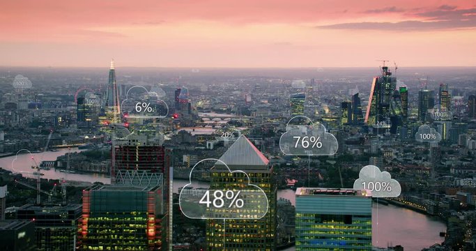 Aerial smart city. Network connections and cloud computing icons with percentages. Technology concept, data communication, artificial intelligence, internet of things. London, England. Shot on Red 8K.