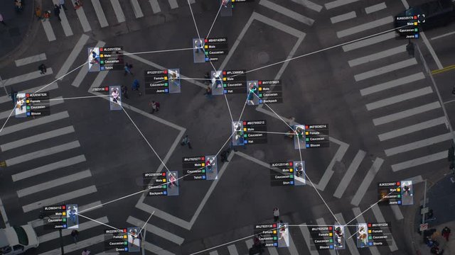 Aerial view of commuters walking on a crosswalk. Facial recognition interface showing sex, ID, ethnicity and type of clothes. Surveillance concept. Artificial intelligence. Deep learning. Red 8K.