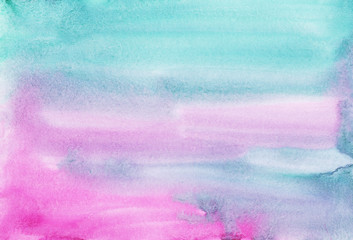 Watercolor pastel pink, blue, green background painting texture. Multicolored light watercolour soft backdrop. Stains on paper.