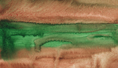 Watercolor brown and green background painting texture. Multicolored watercolour liquid backdrop. Stains on paper.