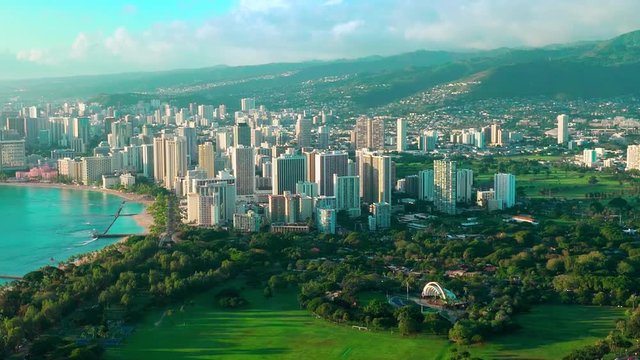 Aerial view of Honolulu skyline and the Kapi olani Regional Park. Waikiki Beach. Oahu island, Hawaii. United States.