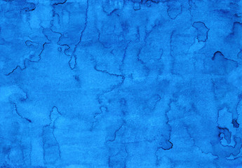 Watercolor azure blue background painting texture. Vintage hand painted liquid watercolour backdrop. Stains on paper.