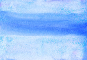 Watercolor blue and white background painting. Stripe on light  backdrop, hand painted. Brush strokes on paper.