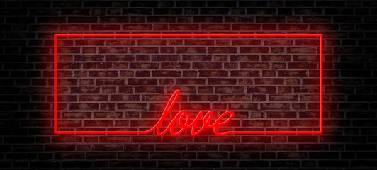 red neon frame and love word on the brick wall