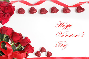 Greeting card for Valentine's Day or Women's Day. Red roses, hearts and a festive ribbon on a white background. February 14 holiday background, greeting lettering, banner for the screen,