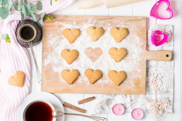heart-shaped cookies, food for Valentine's day for lovers, romantic dinner, candles