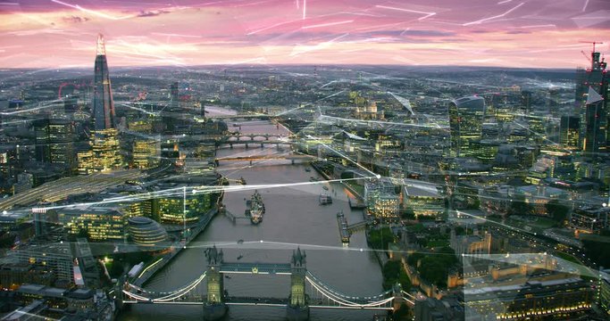 Aerial view of London Skyline with connections. Technology-Futuristic. High tech view of the financial district connected through a network. Internet of Things. Artificial intelligence.